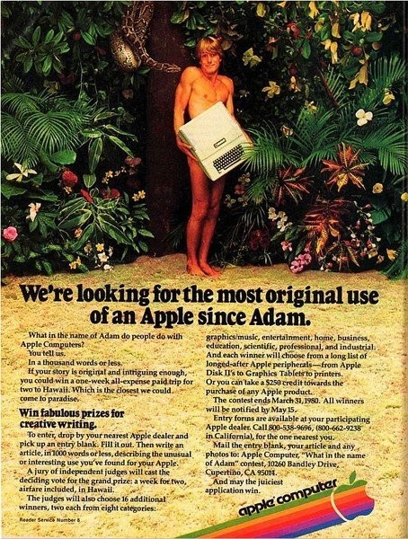亞當(dāng)抱著蘋果電腦遮擋私處。Apple II電腦廣告，1979年發(fā)布。