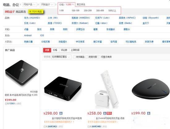 搜索300元以下價格的智能電視盒，數(shù)量達到了752款