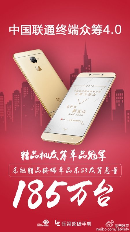 賈躍亭：樂S3中國聯(lián)通眾籌185萬臺，奪單品冠軍